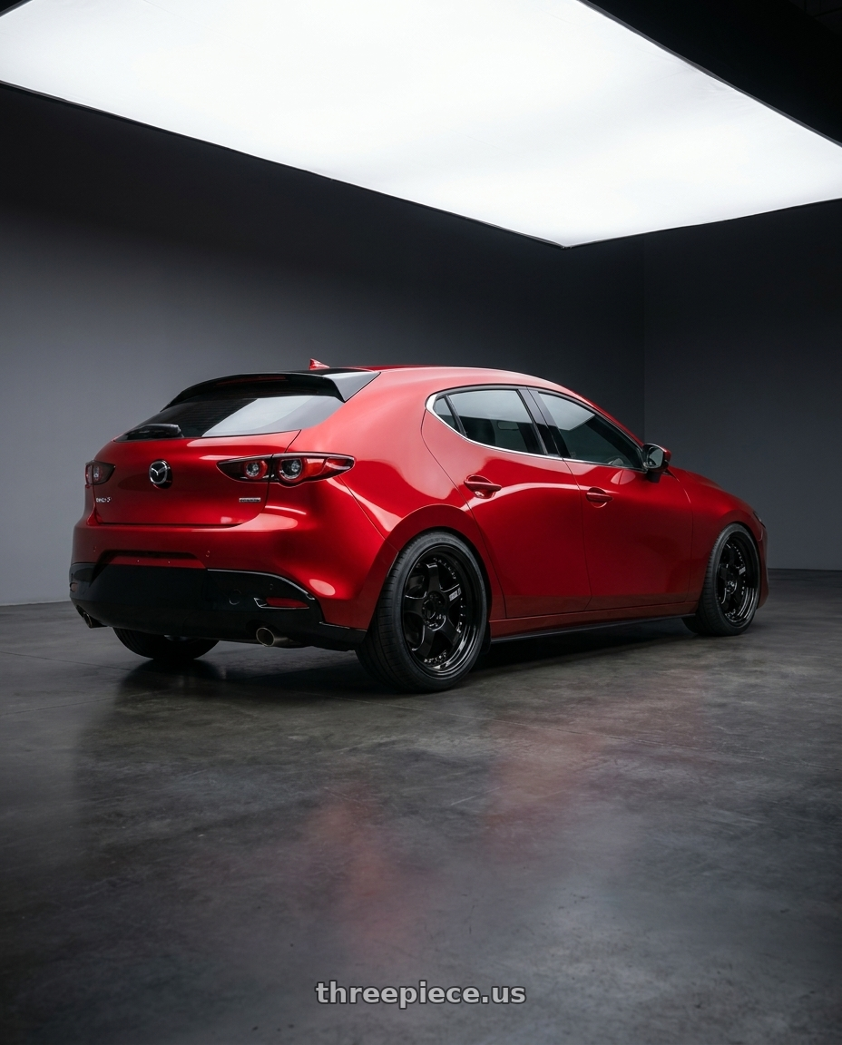 2024 Mazda 3 with SSR Professor SP1 4X100 18X9.5+0 HP Disk Black wheels rear three quarter view square tires