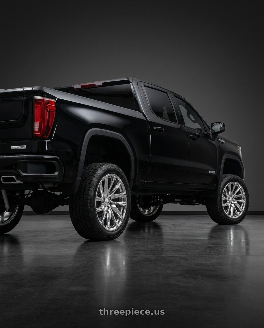 2023 GMC Sierra 1500 Elevation- black with REPLICA 205 6X139.7 26x10 +28 CHROME wheels rear three quarter view square tires
