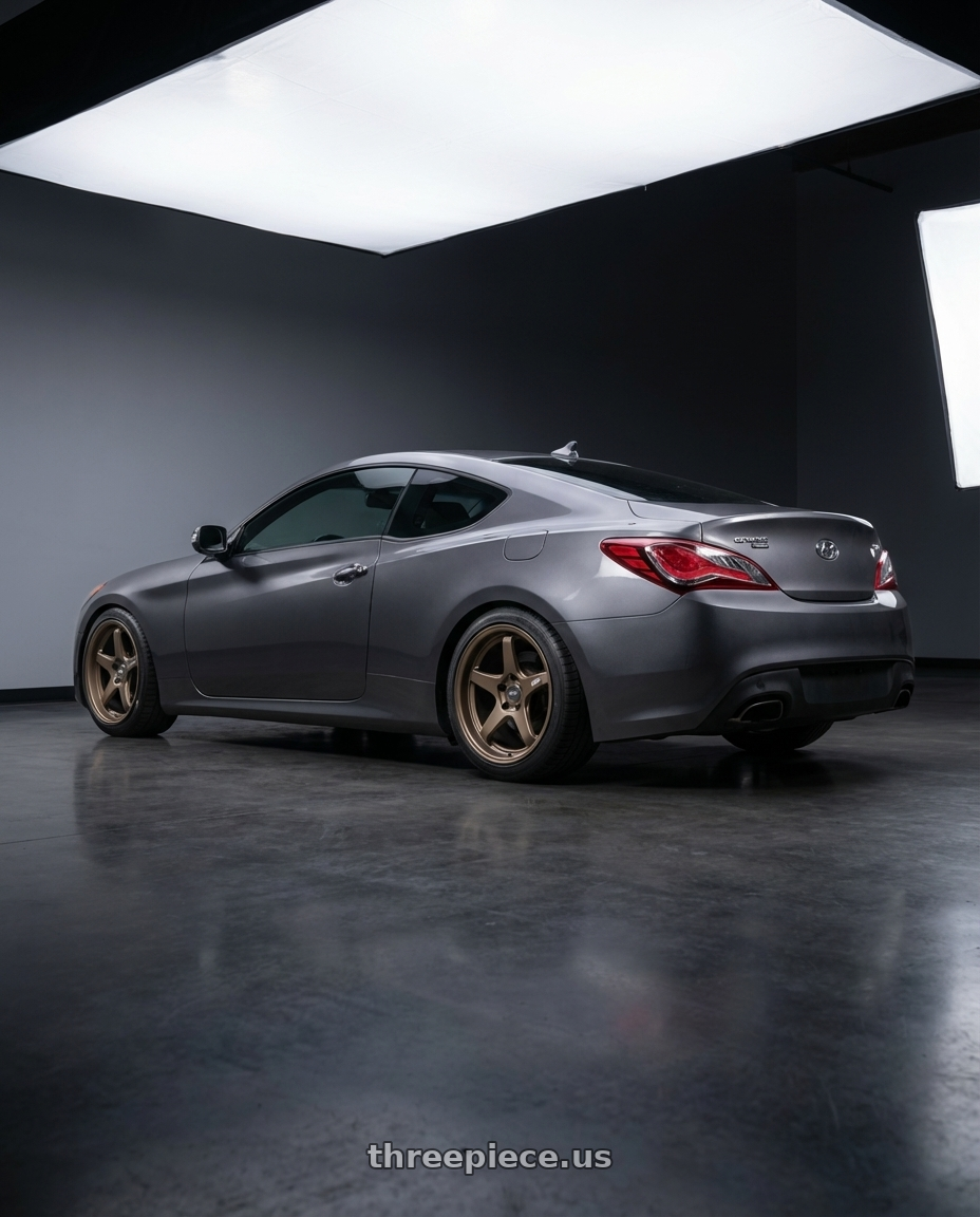 2014 Hyundai Genesis Coupe with ESR Wheels APEX SERIES AP5 5x114.3 19x9.5 +22 Matte Bronze wheels rear three quarter view square tires