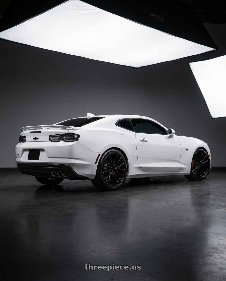 2021 Chevrolet Camaro 2SS with Axe EX40 5x127 22X10.5+25 GLOSS BLACK wheels rear three quarter view square tires