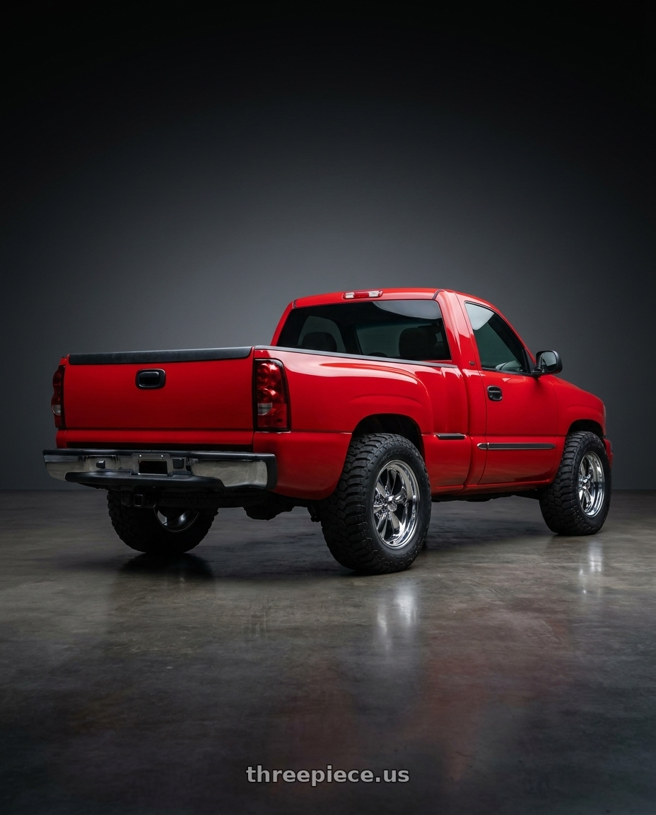 2004 gmc sierra 1500 with Vision American-Muscle 141H 6x139.7 17x8+0 Chrome wheels rear three quarter view meaty tires