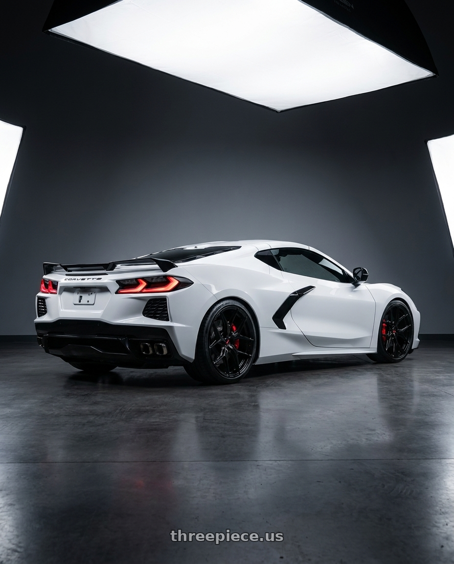 2026 chevy corvette with VOSSEN HF-5 5X120.65 19x10 +28 GLOSS BLACK wheels rear three quarter view square tires