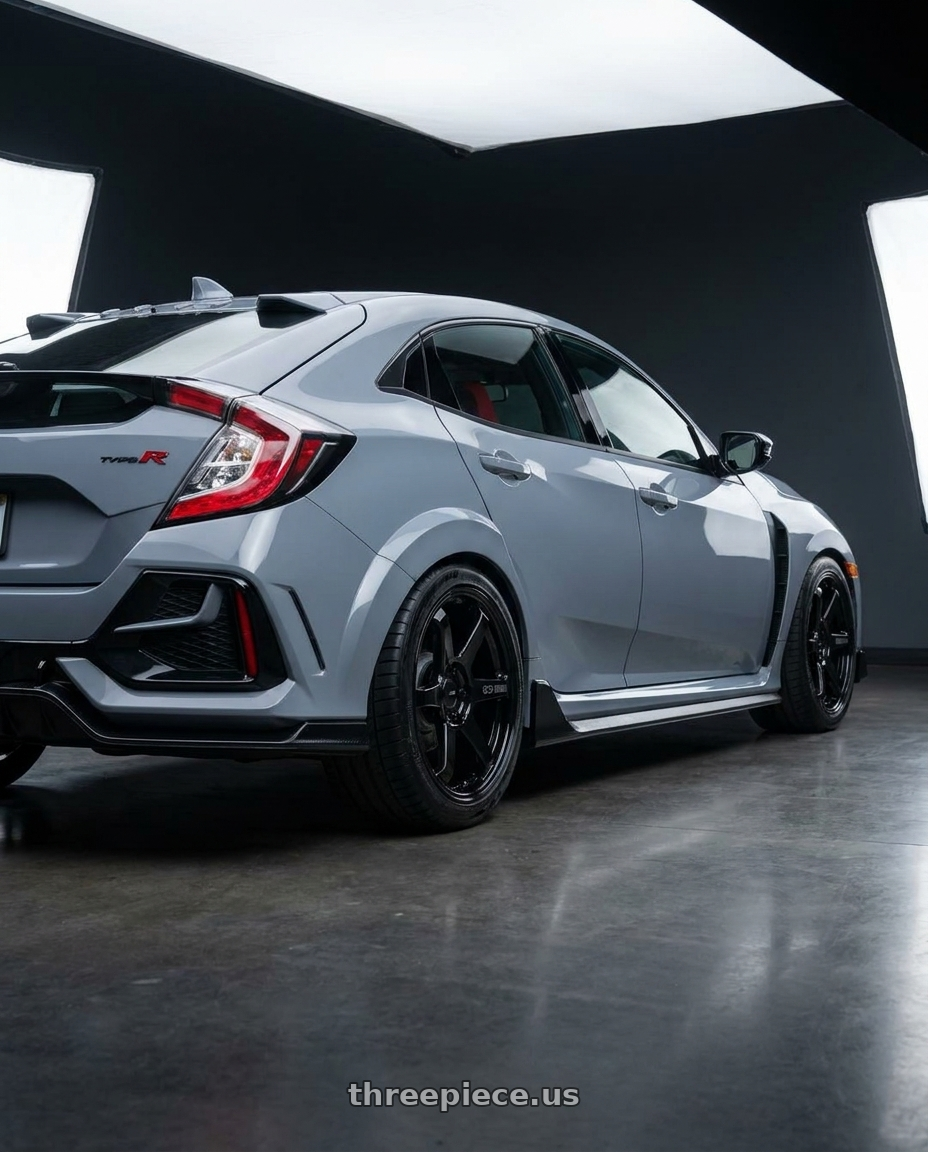 2021 Honda Civic Type R with Enkei T6R 5x120 18x9.5+45 Gloss Black wheels rear three quarter view square tires