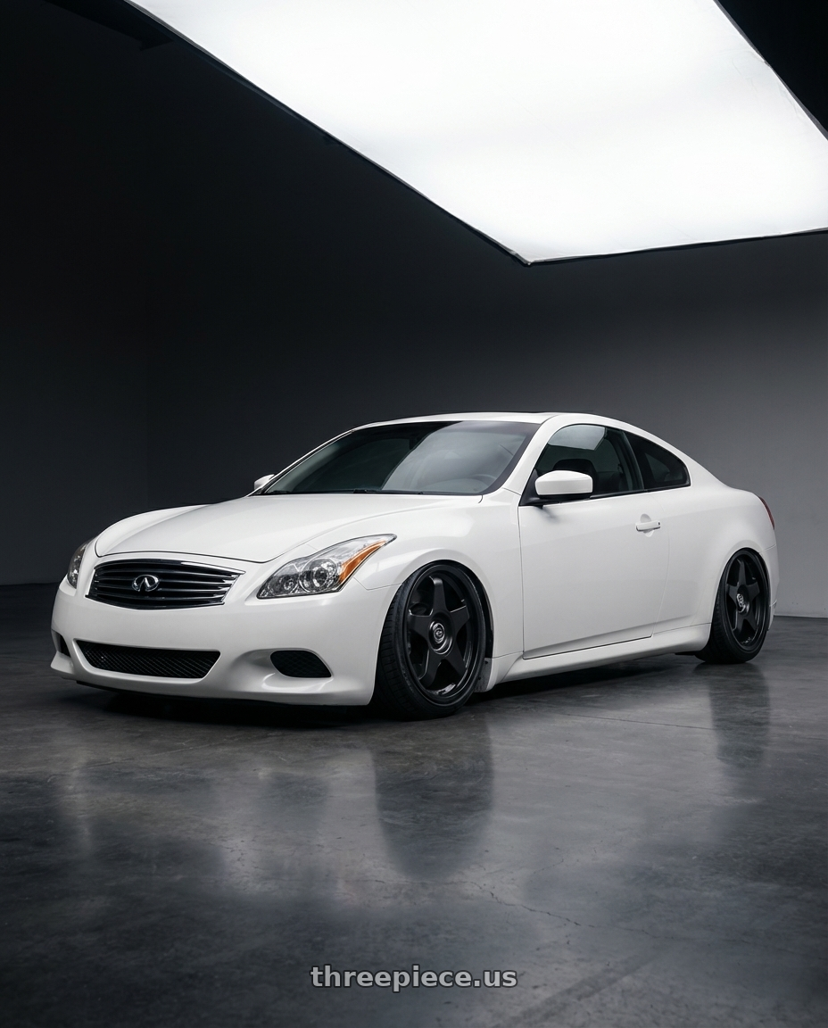 2014 Infiniti G37 Coupe with fifteen52 CHICANE 5x114.3 / 5x120 19x8.5 +35 ASPHALT BLACK (SATIN BLACK) wheels front three quarter view stanced stance