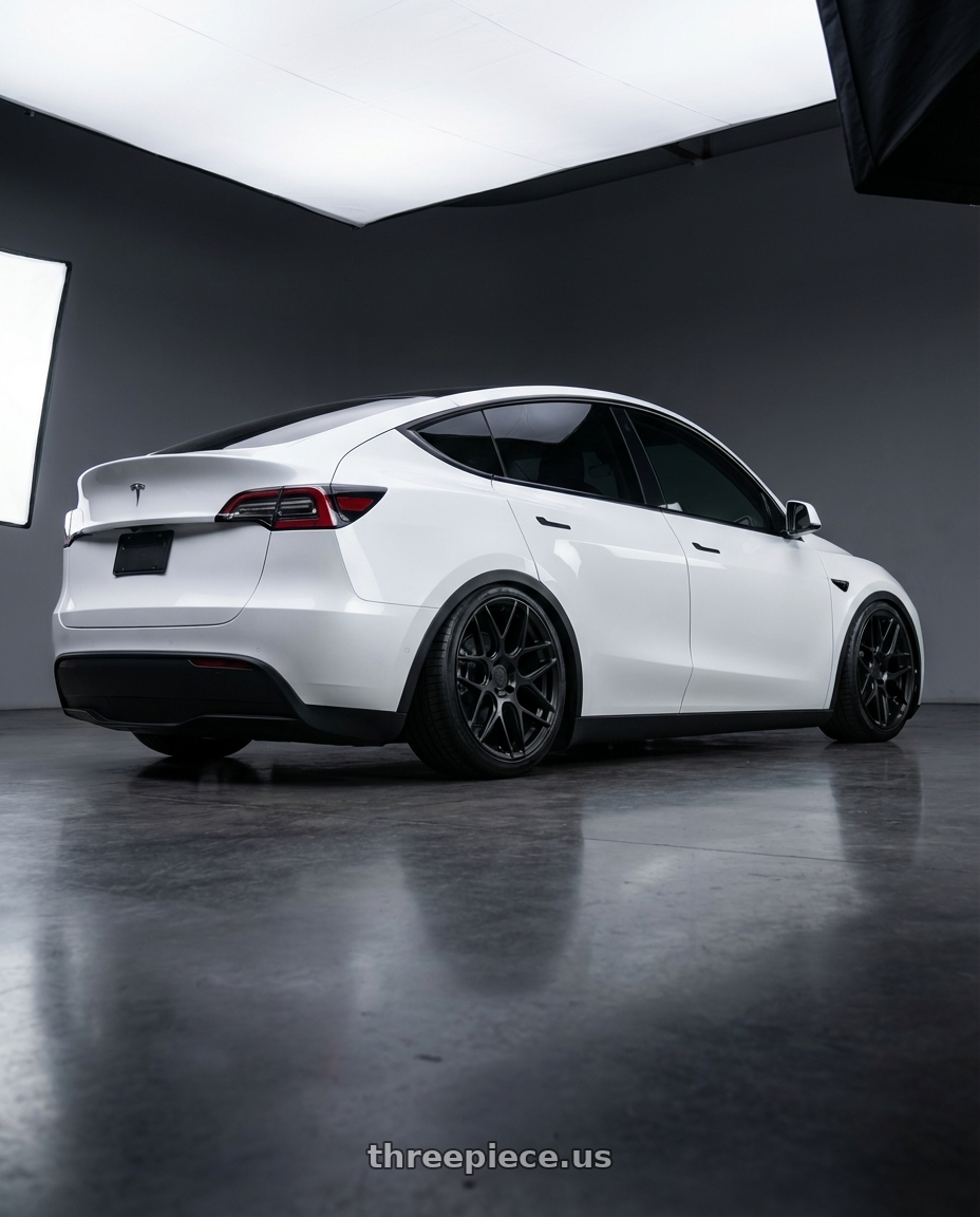 2024 Tesla Model Y with Aodhan AFF2 5x114.3 20x9+32 Matte Black wheels rear three quarter view slight stretch tires