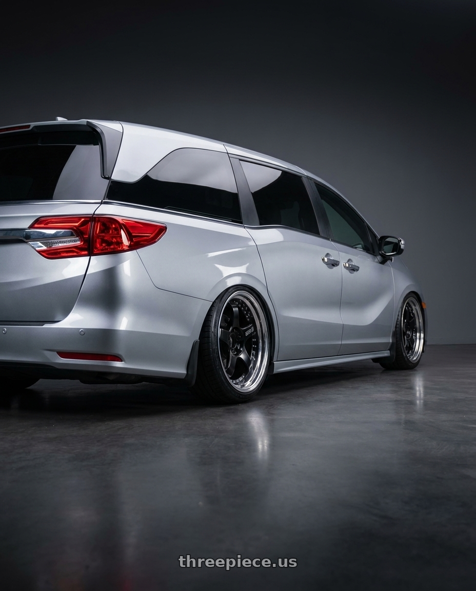 2024 Honda Odyssey with SSR Professor SP1 5x120 20X8.5+43 SL Disk Black wheels rear three quarter view slight stretch tires