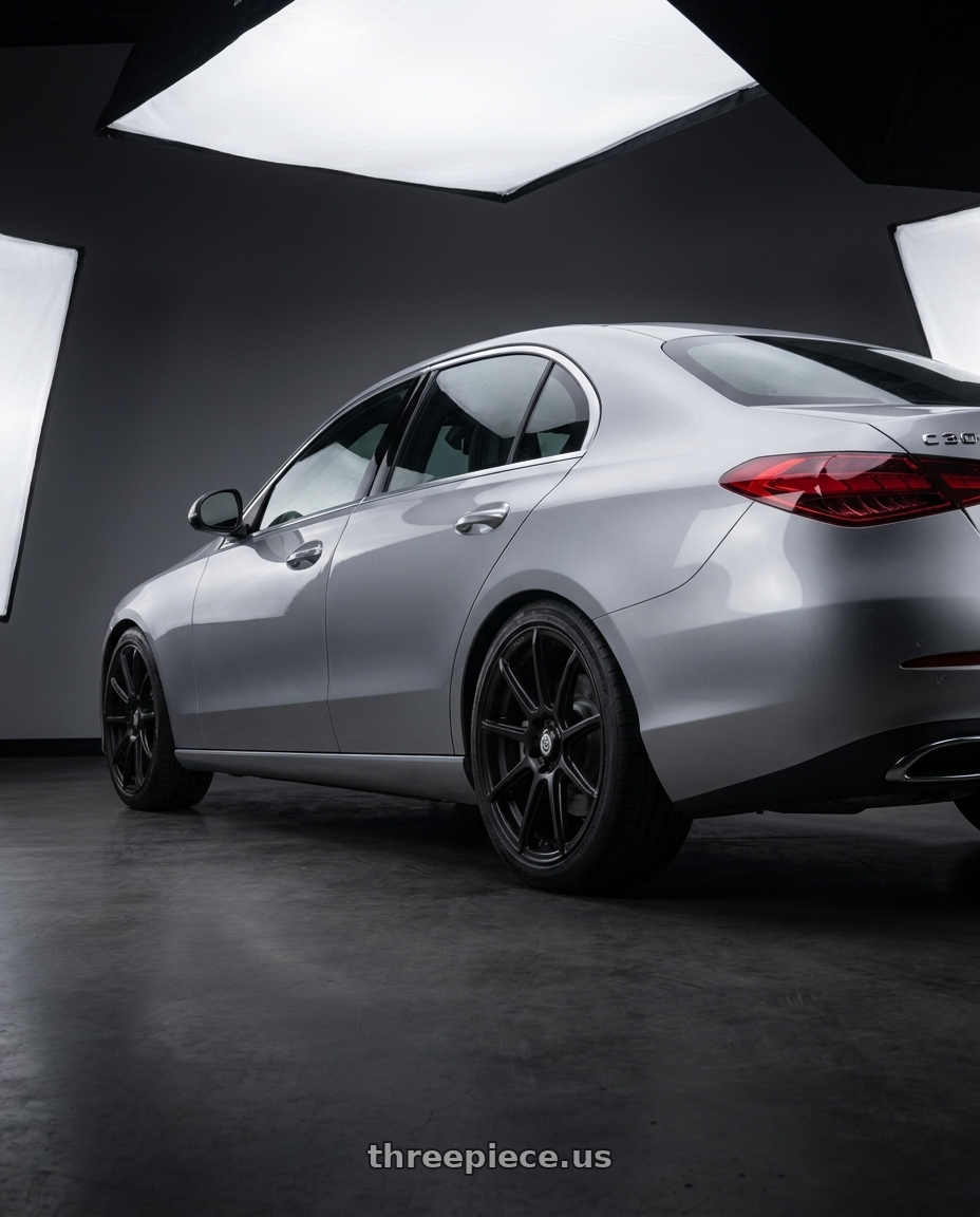 2024 Benz C300 with Konig Control 5x105/5x114.3 18x8+40 Matte Black wheels rear three quarter view square tires