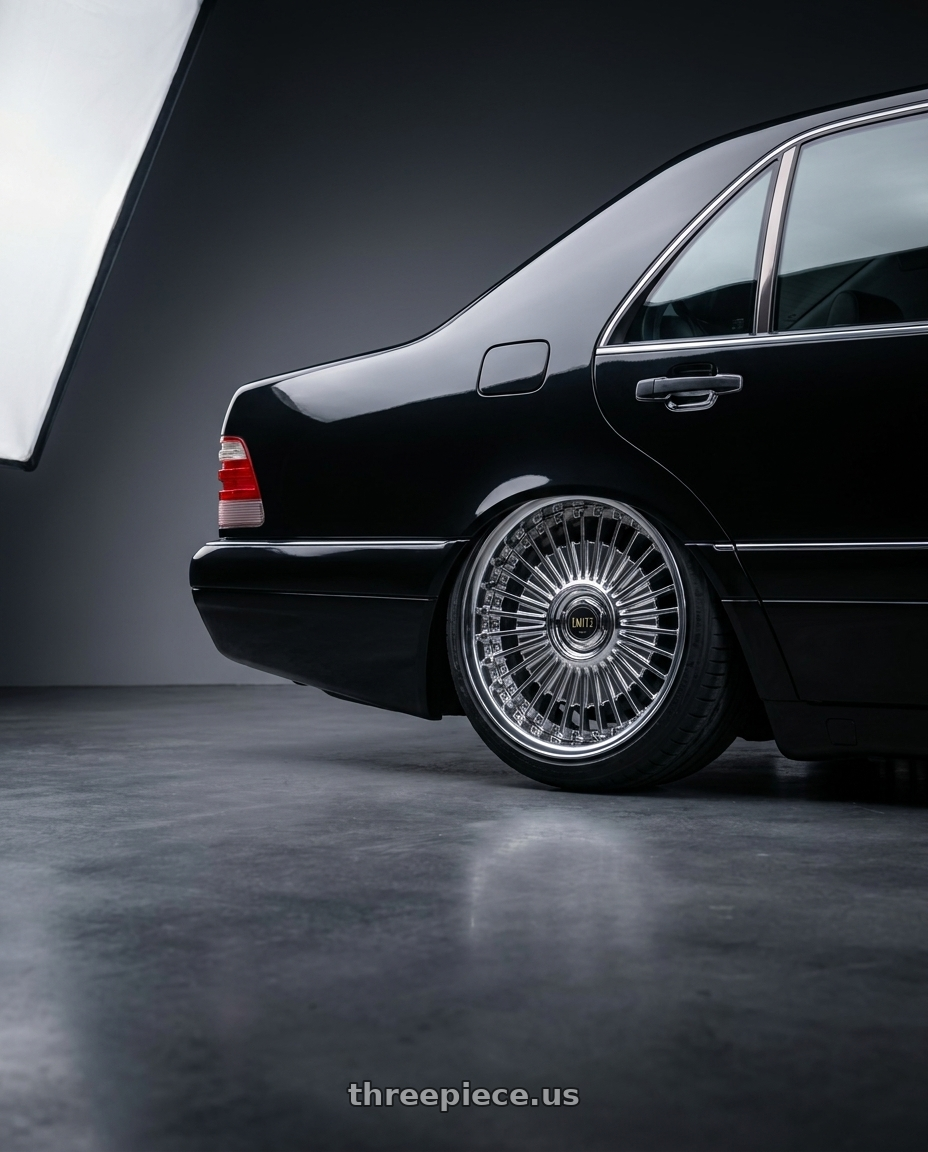 1994 Mercedes Benz w150 S500 with Work Emitz Chrome 5x112 19x8.5 +38 wheels rear three quarter view slight stretch tires