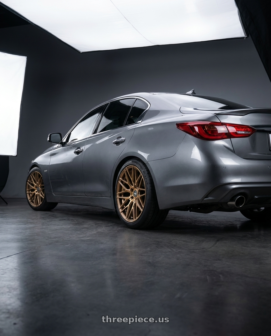 2022 Infiniti Q50 with ESR Wheels RF11 5x120 18x8.5 +30 Gloss Brushed Bronze wheels rear three quarter view square tires