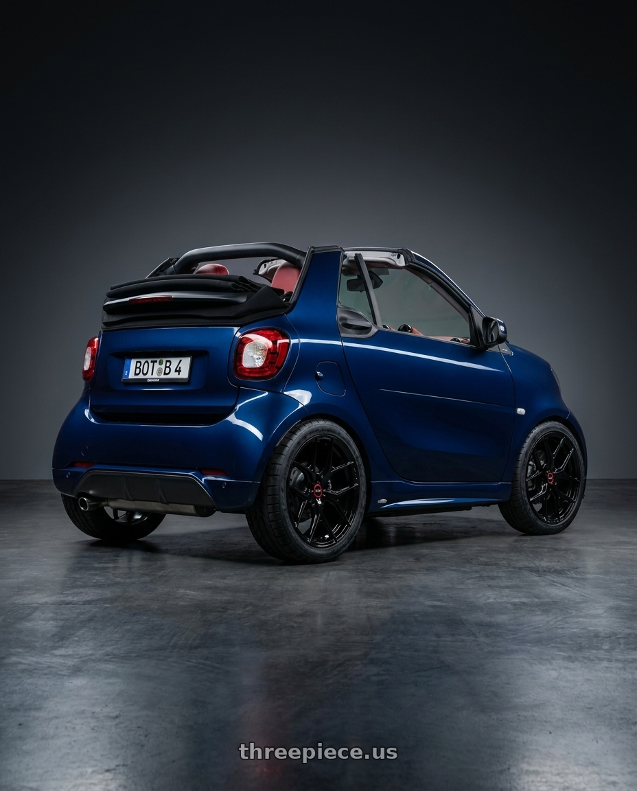 2014 SMART CAR CONVERTIBLE NAVY with VOSSEN HF-5 5X114.3 20x10.5 +45 GLOSS BLACK wheels rear three quarter view meaty tires