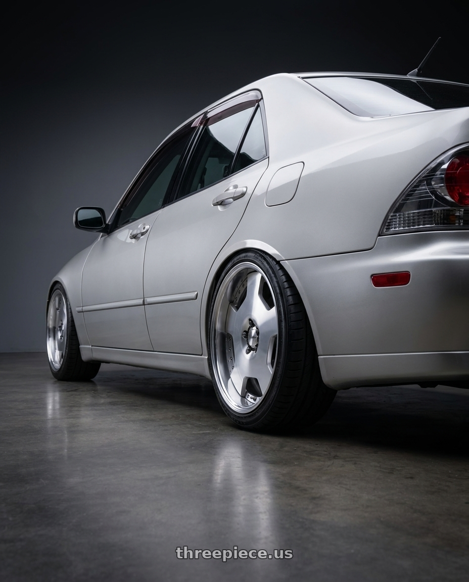 2005 Lexus is300 base with Work Lanvec Ld1 5x114.3 18x9+38 A Disk Machine Silver Polish wheels rear three quarter view slight stretch tires