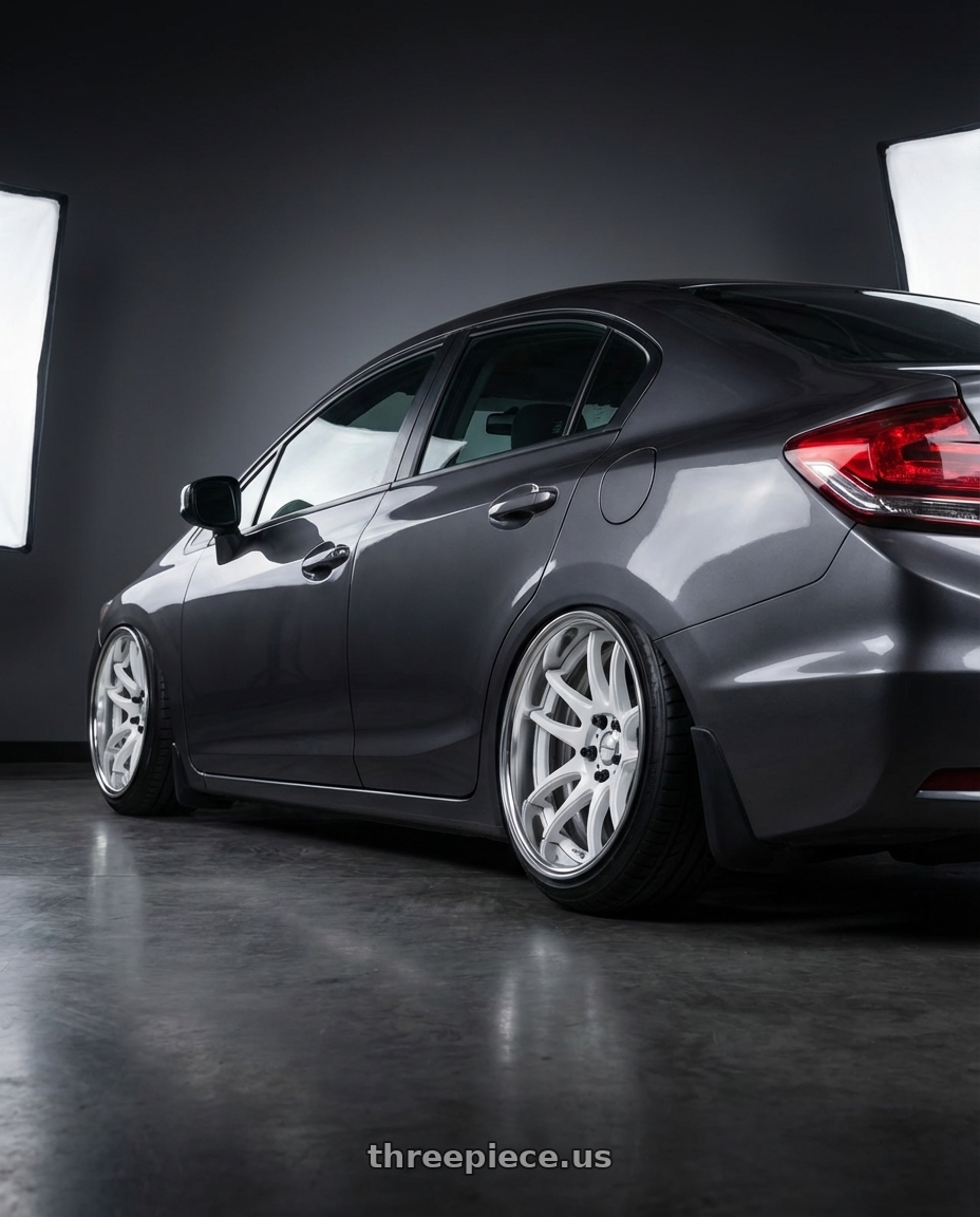 2013 Honda civic with Work Cr 2P 4x100 17x10.0 +12 Gloss White wheels rear three quarter view slight stretch tires