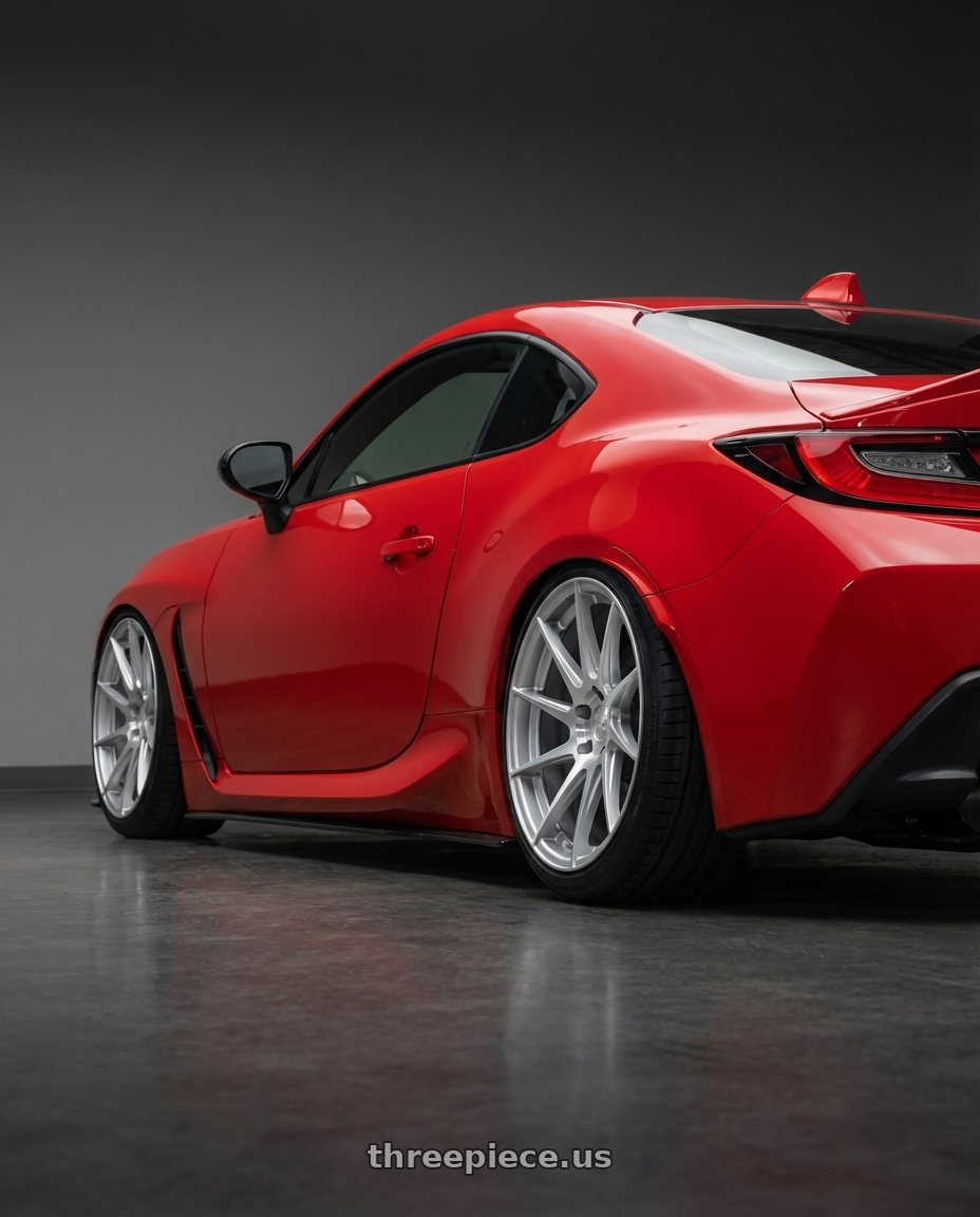 2024 Toyota GR86 with Aodhan AH09 5x114.3 18x8.5 +35 Gloss Silver Machined Face wheels rear three quarter view slight stretch tires