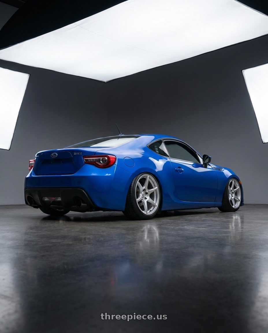 2017 Subaru BRZ with Kansei K11S Tandem 5X100 18x9 12 Hyper Silver wheels rear three quarter view slight stretch tires