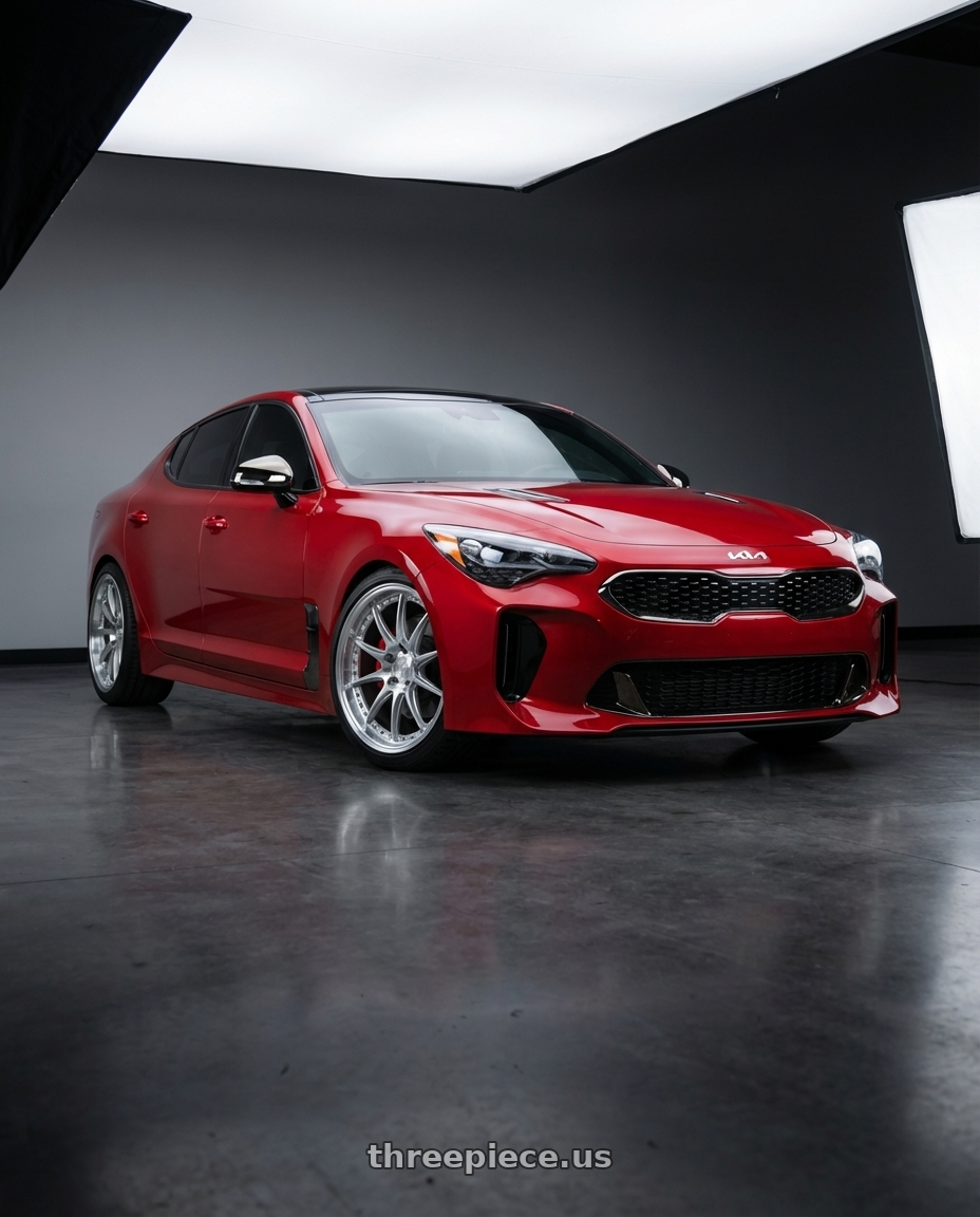 2022 Kia Stinger GT with Aodhan DS07 5x114.3 19x9.5+22 Silver w/Machined Face wheels front three quarter view lowered stance
