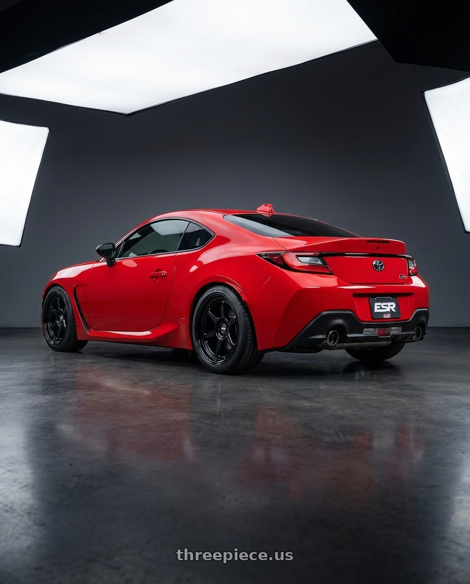 2024 Toyota GR86 with ESR Wheels CR SERIES CR7 5x114.3 18x10.5 +22 Gloss Black wheels rear three quarter view square tires