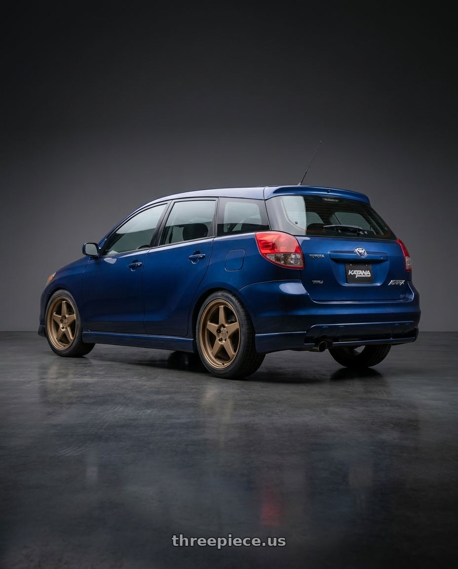2004 Toyota Matrix with KATANA RACING KR03 5x100 18x8 +40 Matte Bronze wheels rear three quarter view square tires