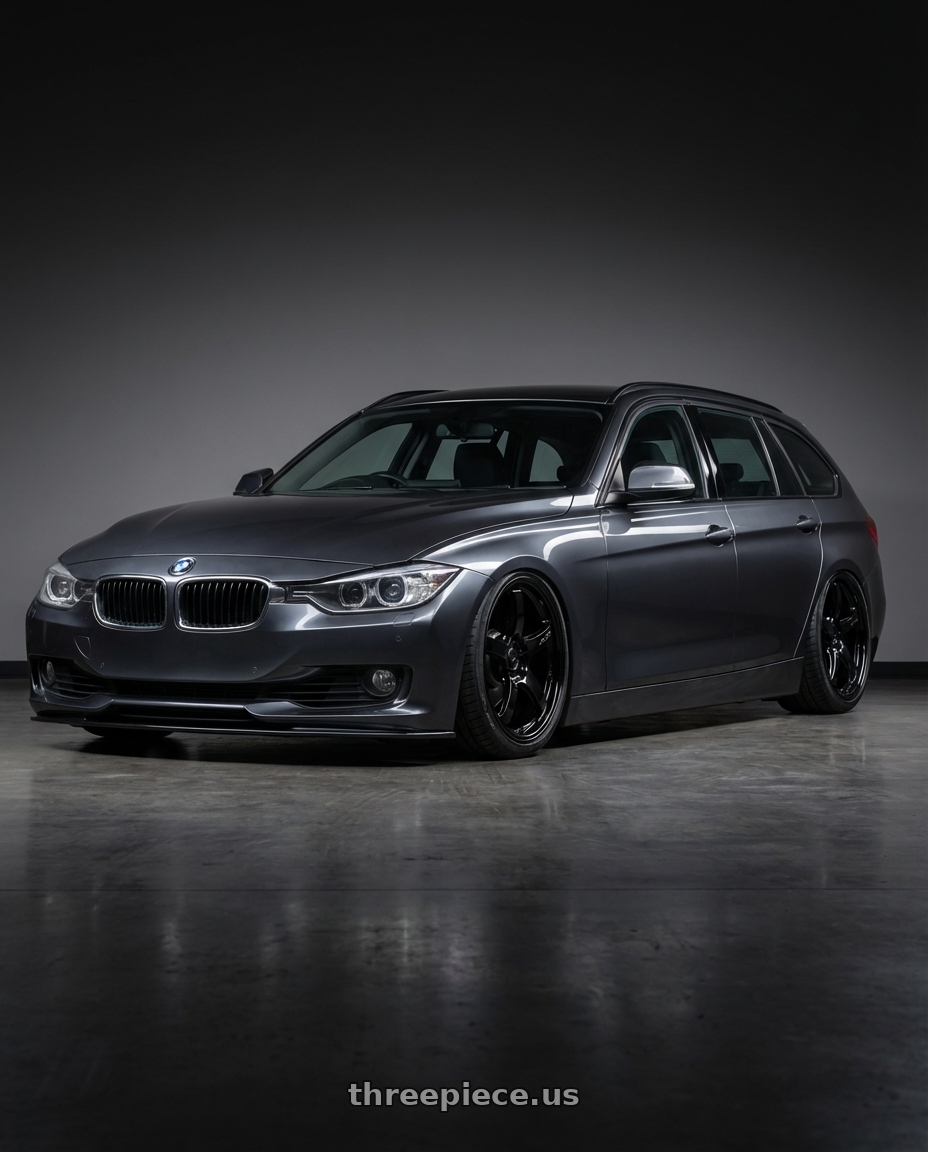 2016 BMW 3 Series F30 with Gram Lights 57CR 5x120 19x9.5+25 Glossy Black wheels front three quarter view stanced stance