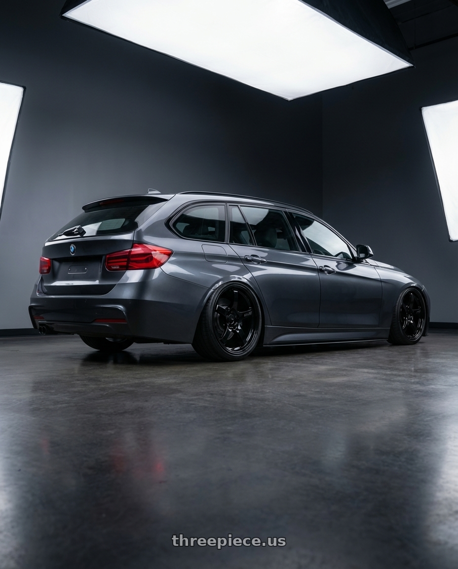 2016 BMW 3 Series F30 with Gram Lights 57CR 5x120 19x9.5+25 Glossy Black wheels rear three quarter view slight stretch tires