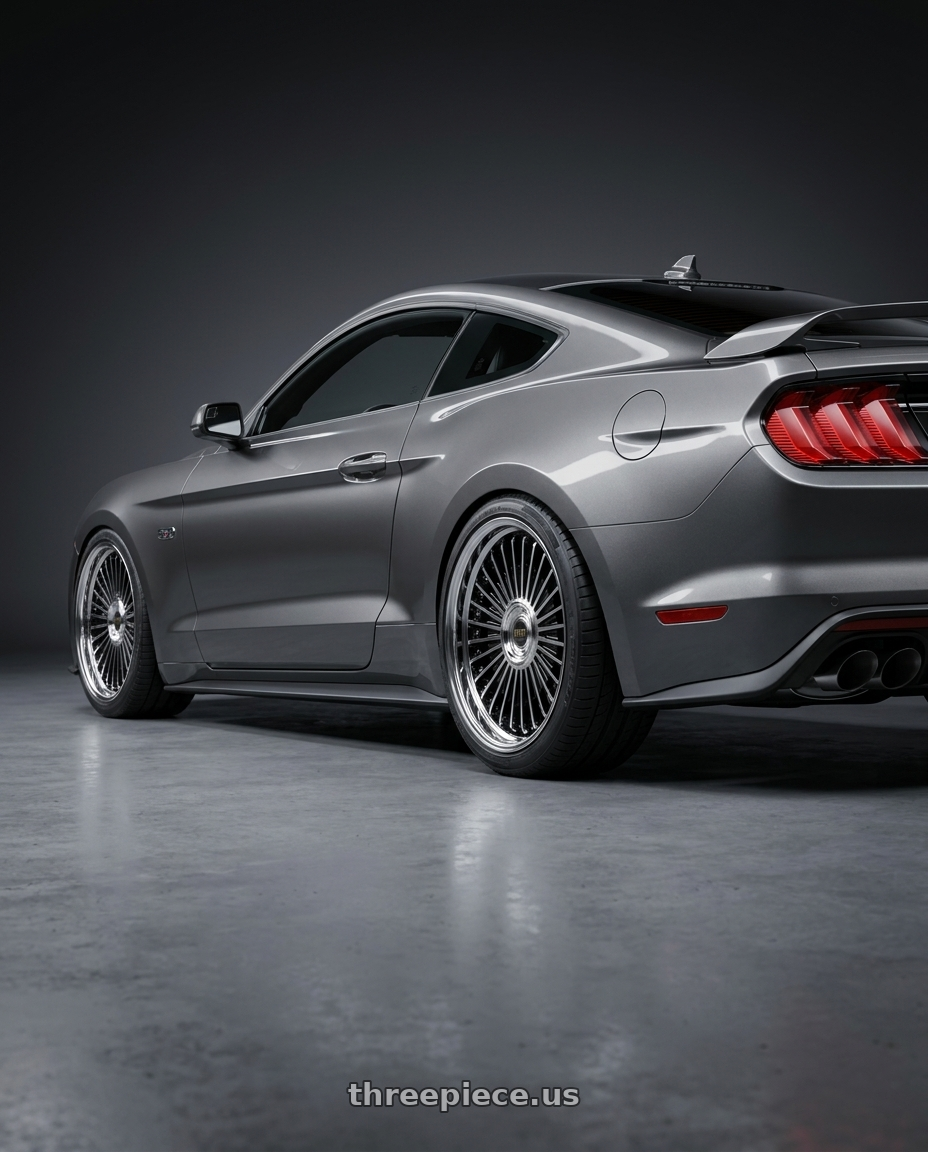 2020 Ford Mustang with Work Emitz Black Polish 5x114.3 19x7.5 +45 wheels rear three quarter view square tires