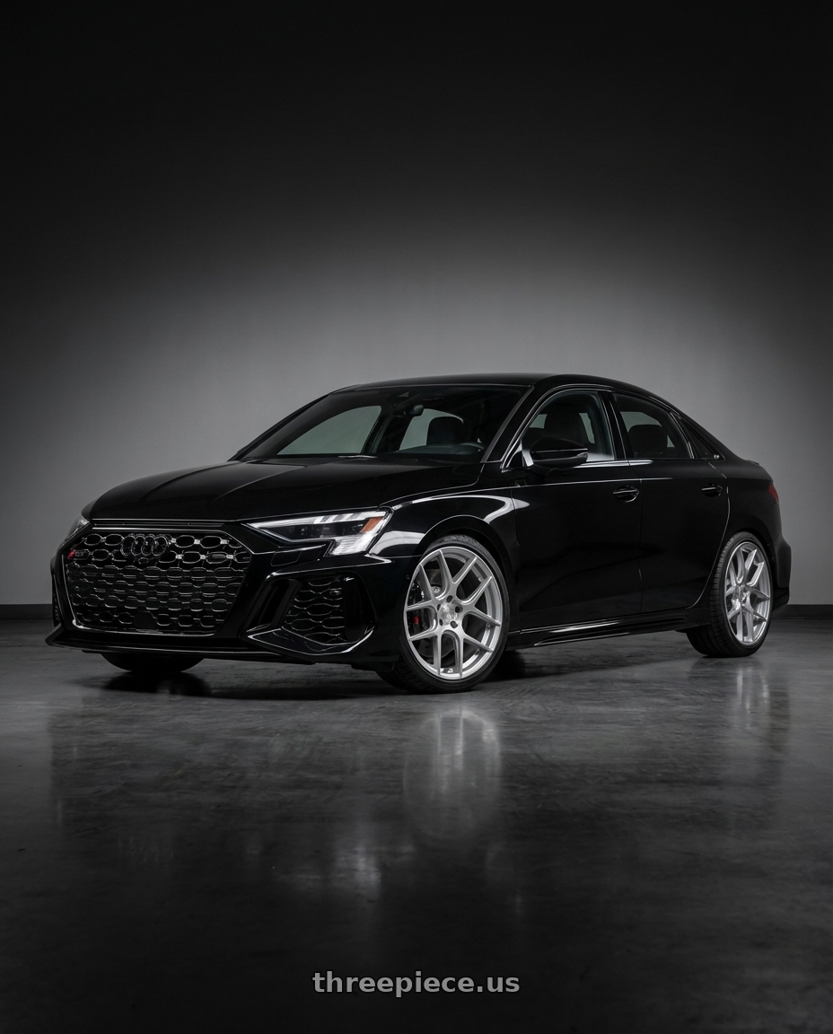 2022 Audi RS3 8Y with Aodhan AFF2 5x112 19x9.5+35 Gloss Silver Machined Face wheels front three quarter view lowered stance