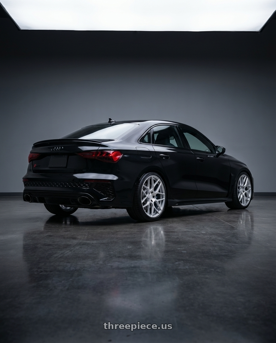 2022 Audi RS3 8Y with Aodhan AFF2 5x112 19x9.5+35 Gloss Silver Machined Face wheels rear three quarter view square tires