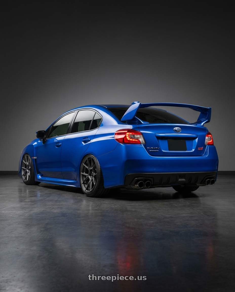 2018 Subaru WRX STI with Konig Ampliform 5x114.3 18x9.5+35 Dark Metallic Graphite wheels rear three quarter view slight stretch tires