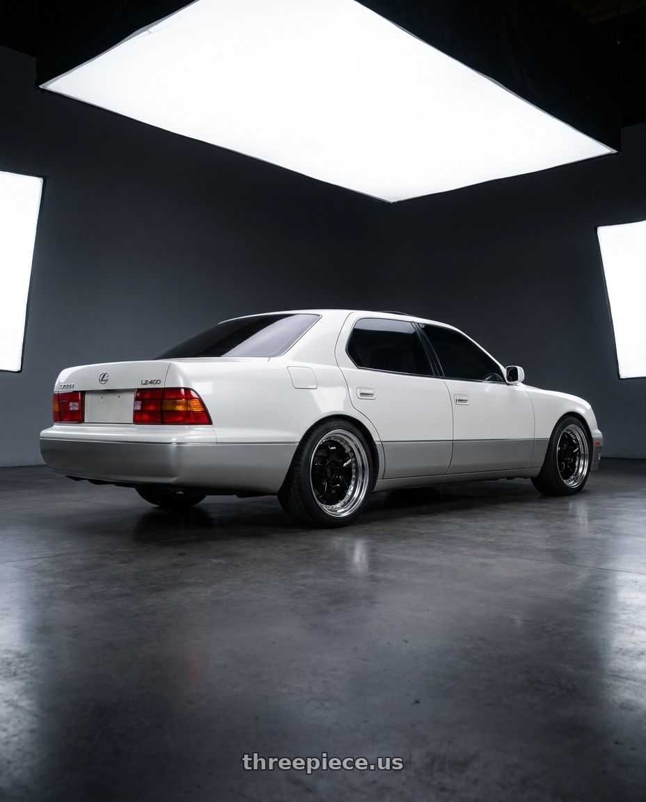 1998 Lexus LS400 with Work Meister S1 3P 5x100 18x9.5+16 A Disk Black wheels rear three quarter view square tires