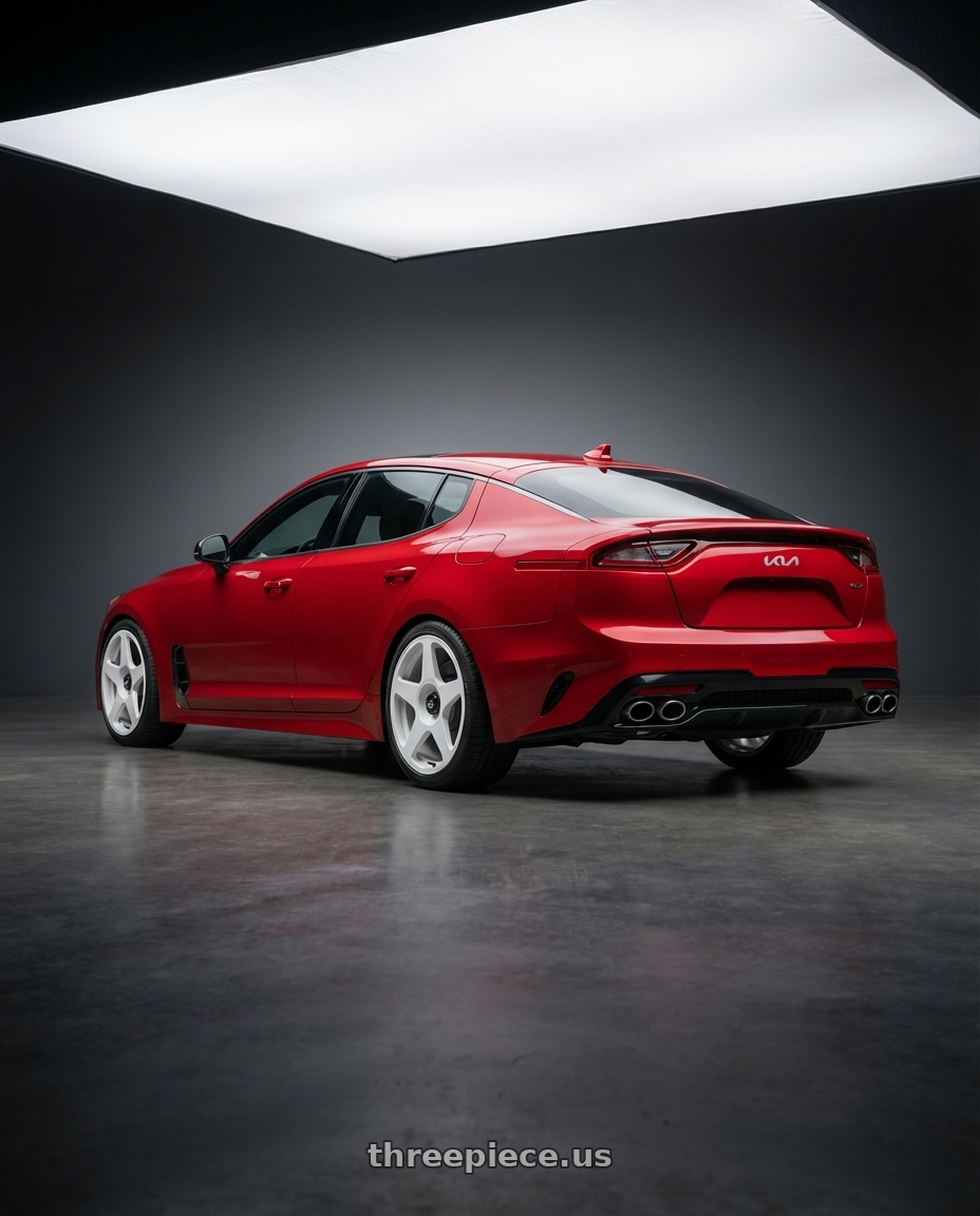 2022 Kia Stinger GT with fifteen52 TARMAC EVO 5x114.3 / 5x120 19x8.5 +35 RALLY WHITE (GLOSS WHITE) wheels rear three quarter view square tires