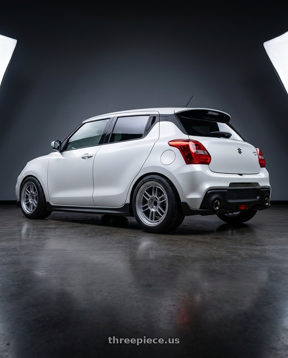 2024 Suzuki Swift Sport with Enkei RPF1 5x114.3 16x7+35 Silver wheels rear three quarter view meaty tires