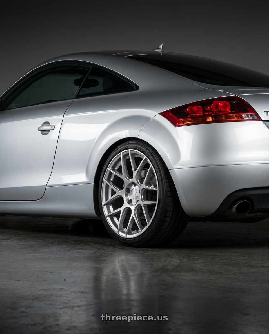 2008 audi tt Mk2 with Aodhan AFF2 5x112 19x8.5+35 Gloss Silver Machined Face wheels rear three quarter view square tires