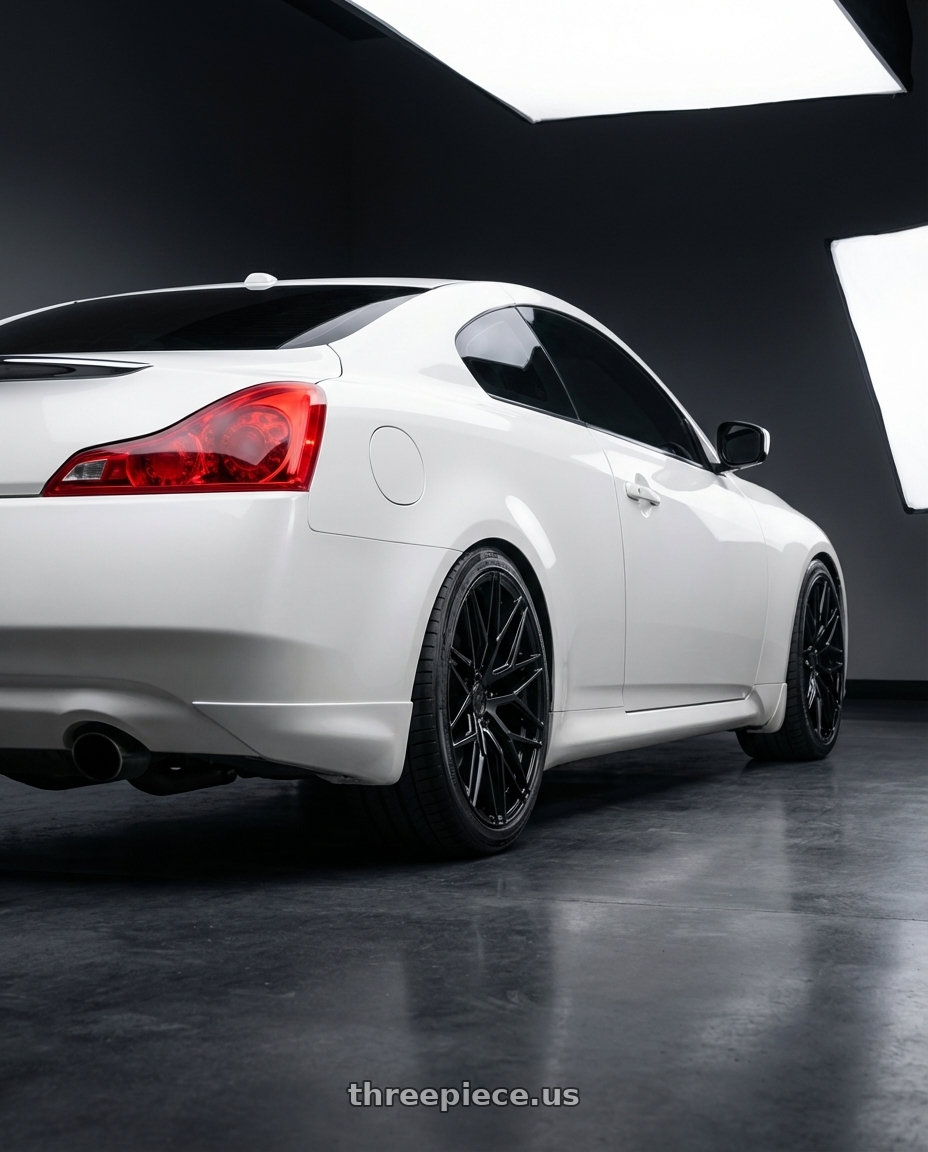 2014 Infiniti G37 Coupe with Avant Garde Wheels M520R 5X114.3 19x8.5 +35 Gloss Black wheels rear three quarter view square tires