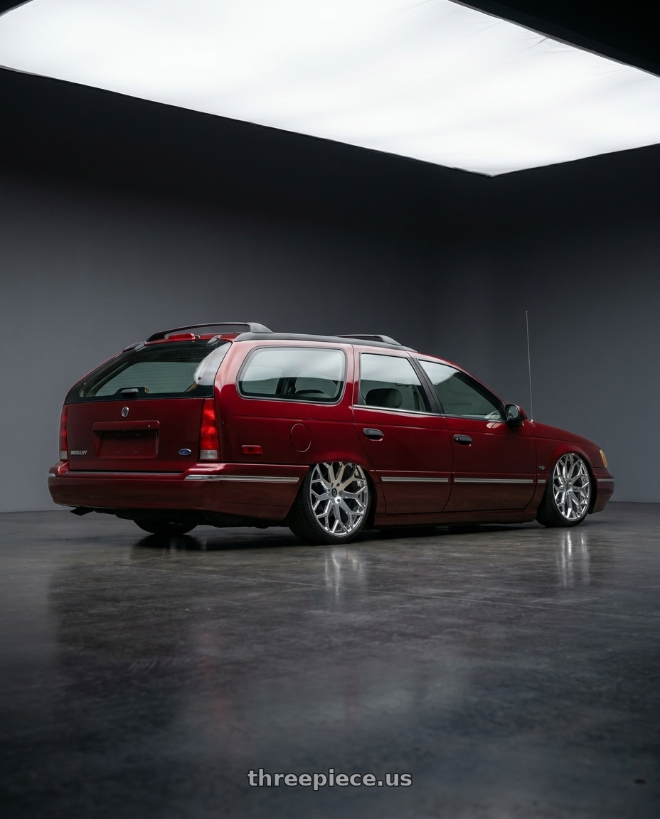 1992 Mercury sable wagon ls with BORGHINI 28 5X115 26x10 +13 CHROME wheels rear three quarter view slight stretch tires