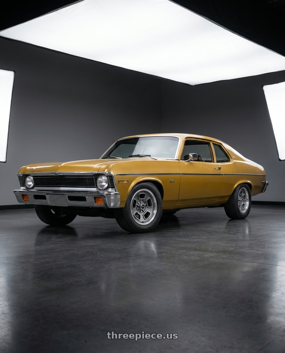 1974 Chevrolet Nova with Vision American-Muscle 148 Shift 5x120.65 15x8+0 Satin Grey Machined Face/Lip wheels