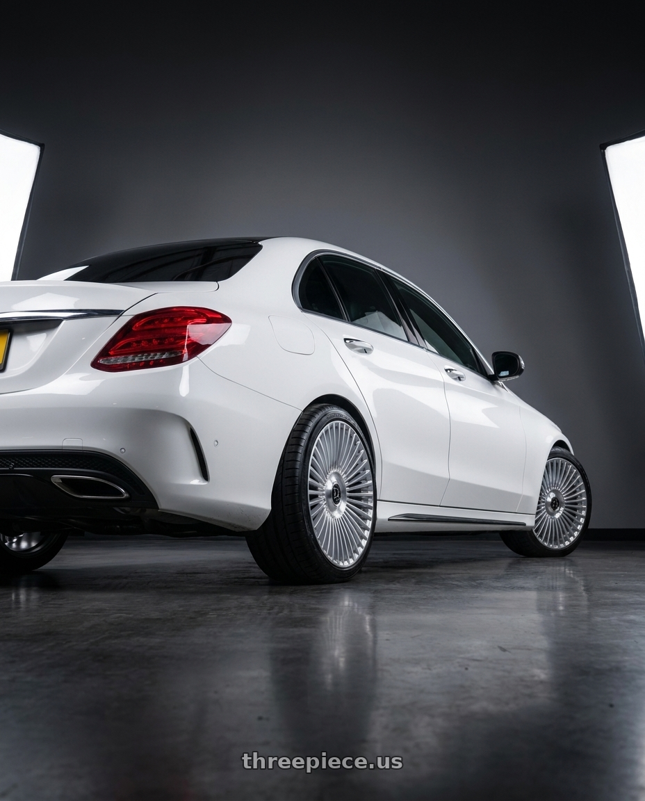 2014 w205 c250 with DOLCE LUXURY TRENTO 5x108/5x112 22x10.5 +40 Glossy Silver Brush Face wheels rear three quarter view square tires