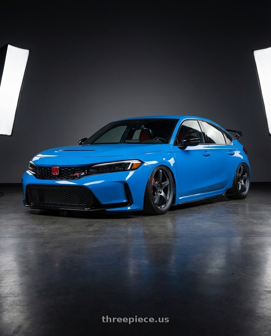 2024 Honda Civic Type R with Gram Lights 57CR 5x120 19x9.5+45 Gunblue II wheels front three quarter view stanced stance