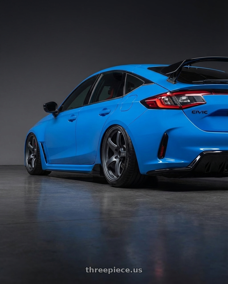 2024 Honda Civic Type R with Gram Lights 57CR 5x120 19x9.5+45 Gunblue II wheels rear three quarter view slight stretch tires