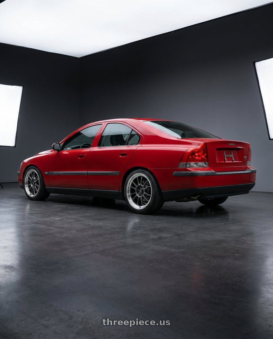 2002 Volvo s60 2.4t with Konig Hypergram 5x108 18x8.5+43 Metallic Carbon w/ Machined Lip wheels rear three quarter view slight stretch tires