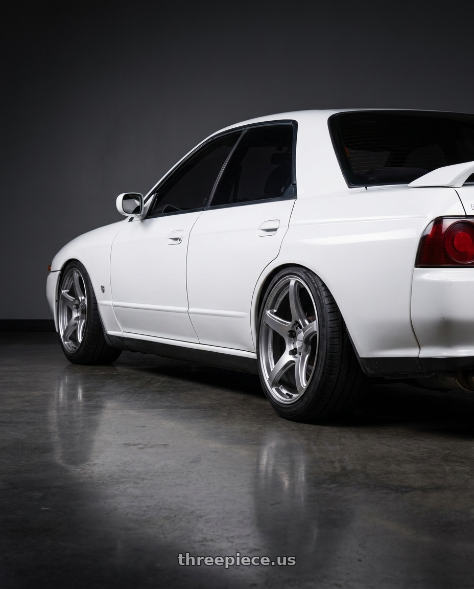 1990 Nissan Skyline gts-t with Work Emotion T5r 5x114.3 17x9 +38 Glow Silver wheels rear three quarter view slight stretch tires