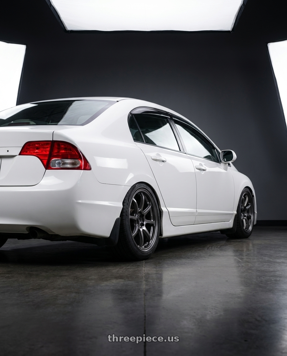 2007 honda civic ex with Enkei PF09 5x114.3 17x8+35 Dark Silver wheels rear three quarter view square tires