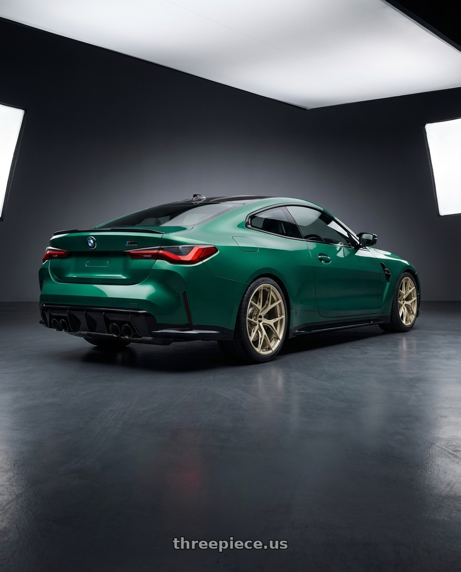 2024 BMW M4 G82 with BBS FI-R Evo 5x112 19x9.5+15 White Gold wheels rear three quarter view square tires