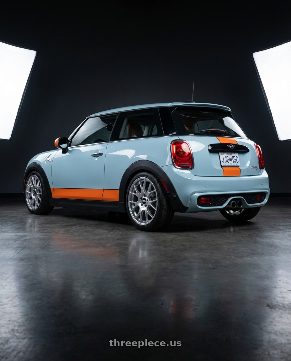 2018 Mini Cooper S with BBS CH-R 5x112 18x8.5 +38 Brilliant Silver Polished Rim Protector wheels rear three quarter view square tires