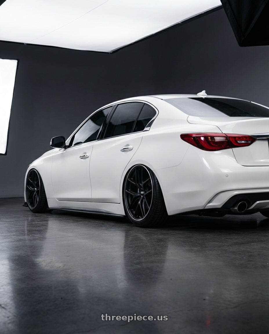 2020 Infiniti Q50 with BBS CC-R 5x114.3 20x9.5+35 Satin Black wheels rear three quarter view slight stretch tires