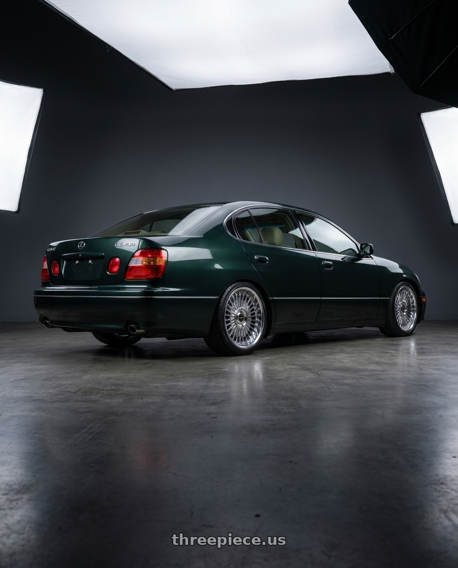 2002 Lexus GS430 with Work Emitz Chrome 5x114.3 19x8.5 +18 wheels rear three quarter view square tires