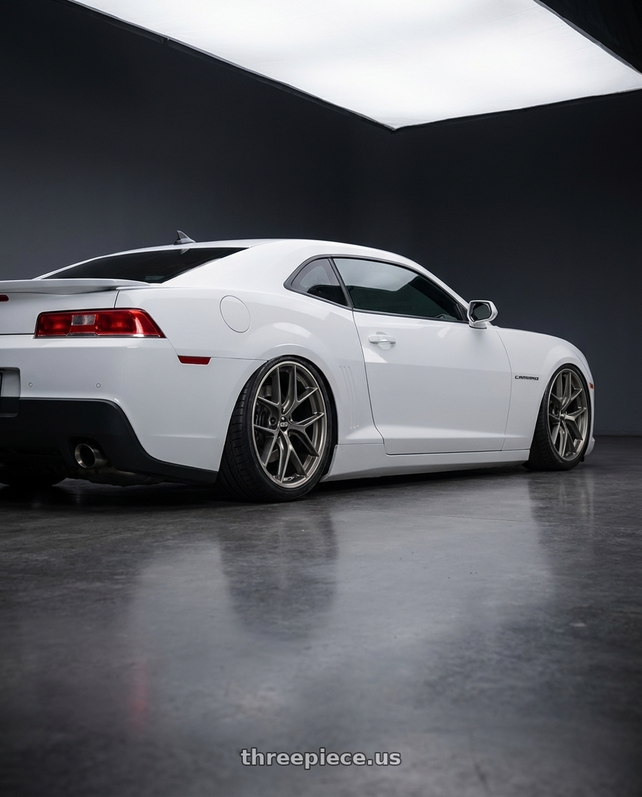 2014 Chevrolet Camaro 5th Gen with BBS CC-R 5x120 20x10.5+35 Satin Platinum wheels rear three quarter view slight stretch tires
