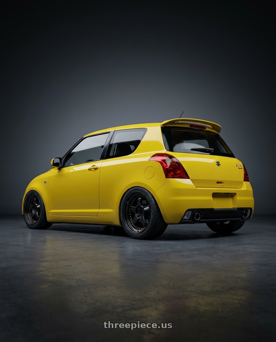 2009 swift sport zc31s with Work Meister S1 3P 5x100 18x7+22 A Disk Black wheels rear three quarter view meaty tires
