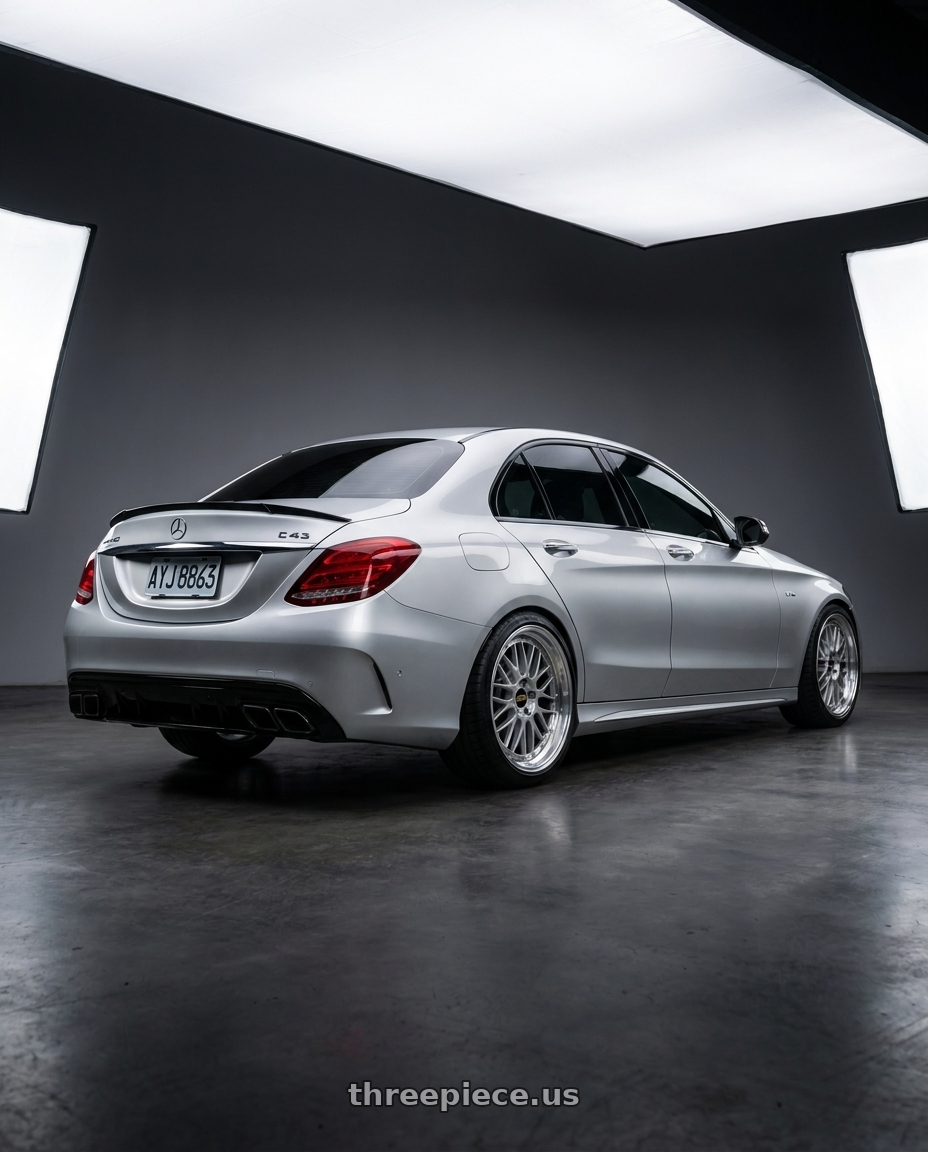 2016 w205 C43 Sedan with BBS LM 5x114.3 20x10.0+38 Diamond Silver wheels rear three quarter view square tires