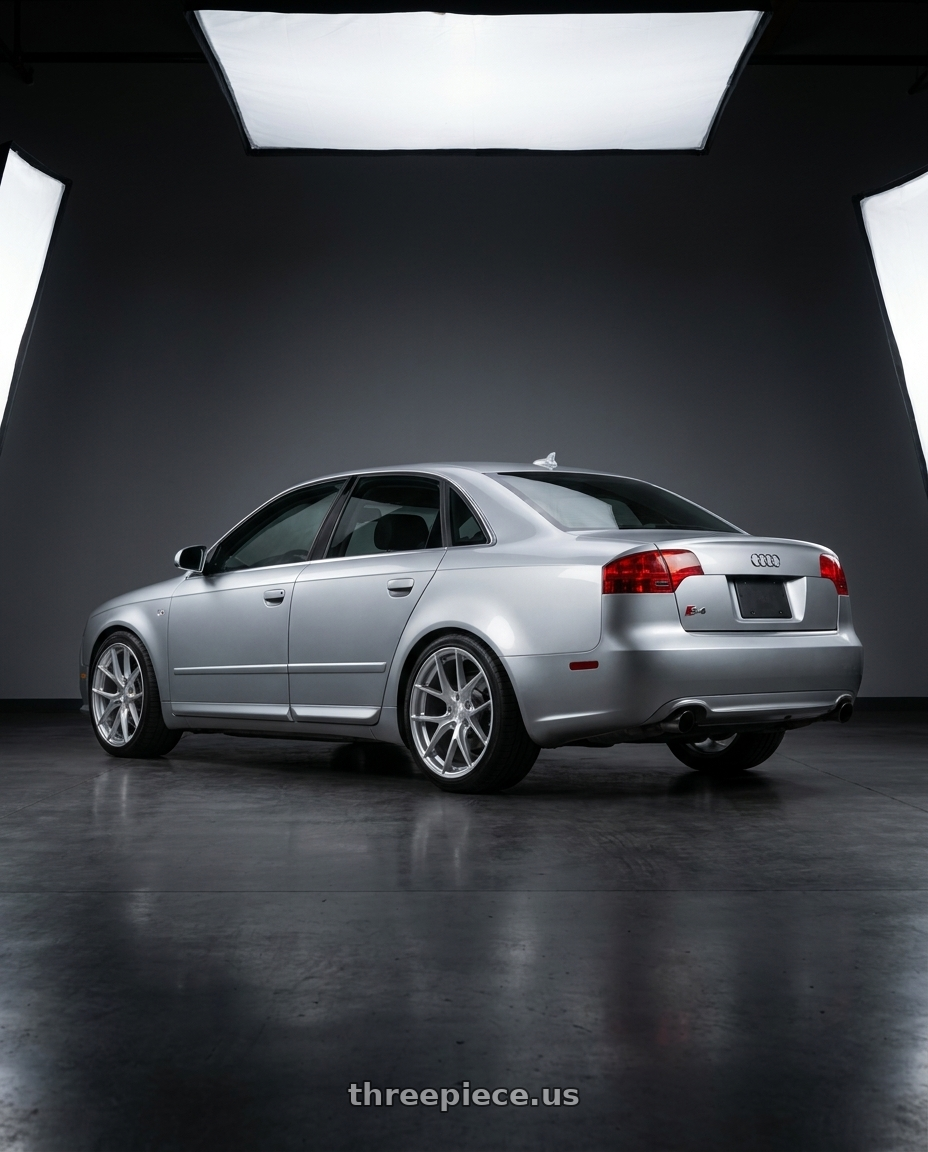 Silver 2005 Audi S4 with Aodhan AFF7 5x112 19x8.5+35 Gloss Silver Machined Face wheels rear three quarter view square tires