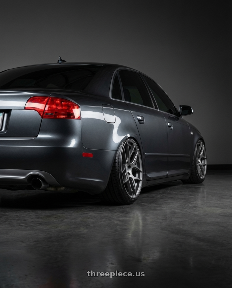 2005 Audi S4 Sedan Dark Grey with Aodhan AFF2 5x112 19x8.5+35 Matte Gray wheels rear three quarter view slight stretch tires