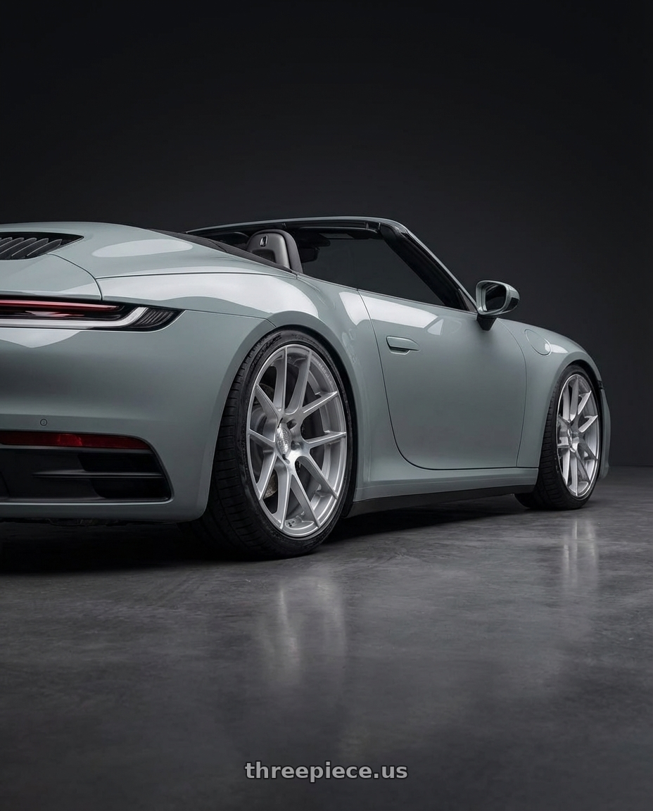 2024 Porsche 911 992 with Avant Garde Wheels M510 5X130 20x10 +40 Satin Silver wheels rear three quarter view slight stretch tires